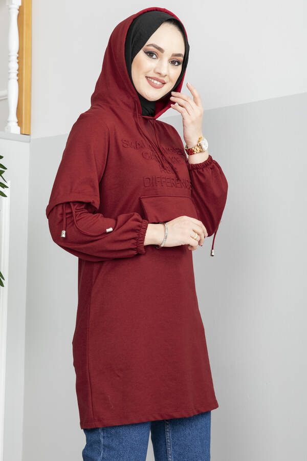 Mis - Yazı Kabartmalı Tesettür Spor Tunik Bordo (1)