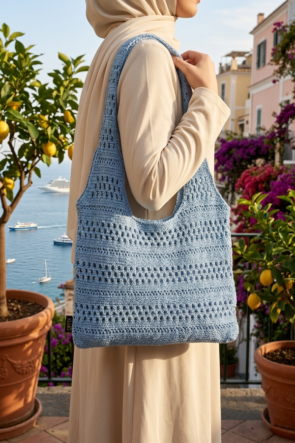 Krd - Yazlık Plaj Ve Günlük Örme Çanta Bebe Mavisi