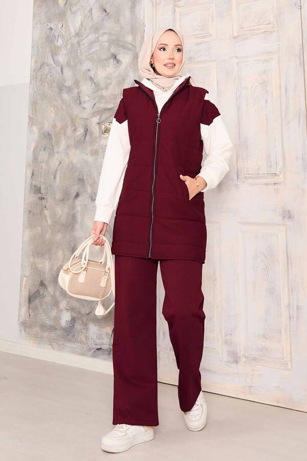 Yelek Sweat Pantolon Üçlü Takım Bordo