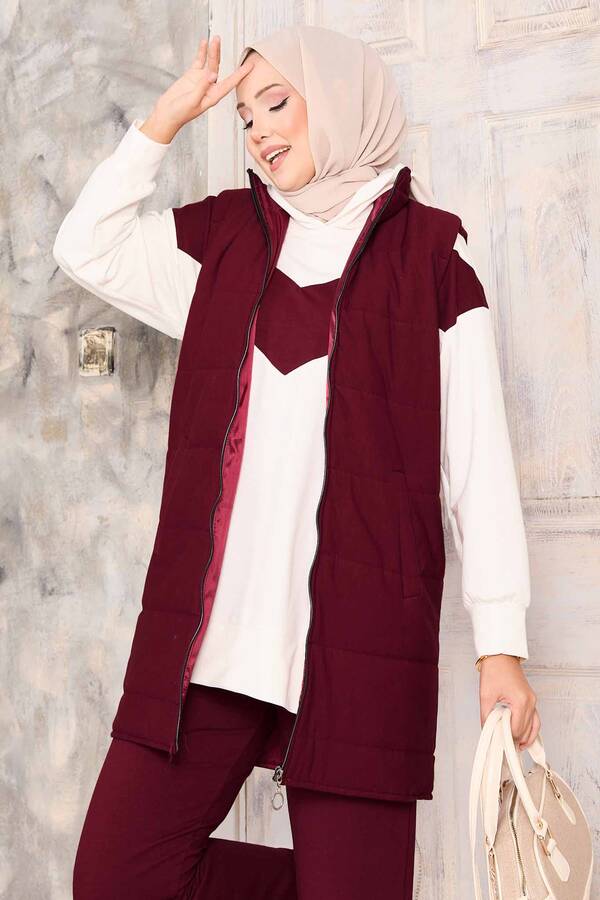 Ums - Yelek Sweat Pantolon Üçlü Takım Bordo (1)