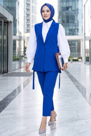 Yelekli Tesettür İkili Takım Saks - Thumbnail