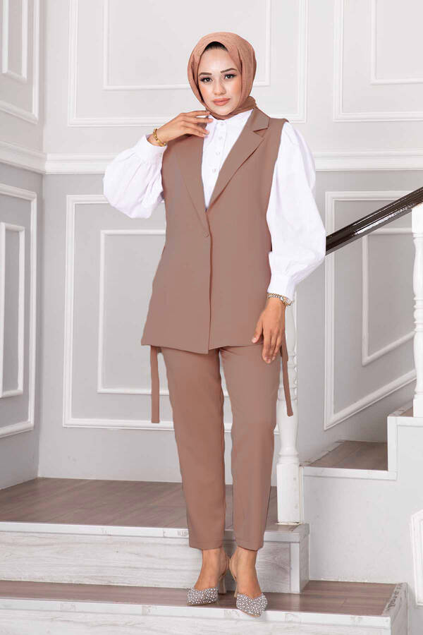 Yelekli İkili Tesettür Takım Camel - 4