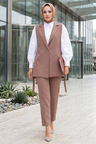 Yelekli İkili Tesettür Takım Camel - Thumbnail