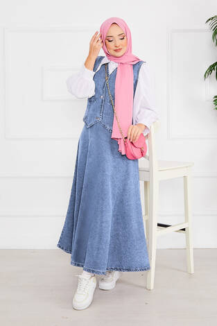 Yelekli Ve Etekli Tesettür Kot Takım Açık Mavi - Thumbnail