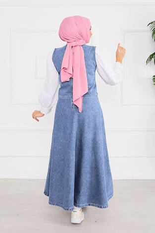 Yelekli Ve Etekli Tesettür Kot Takım Açık Mavi - Thumbnail