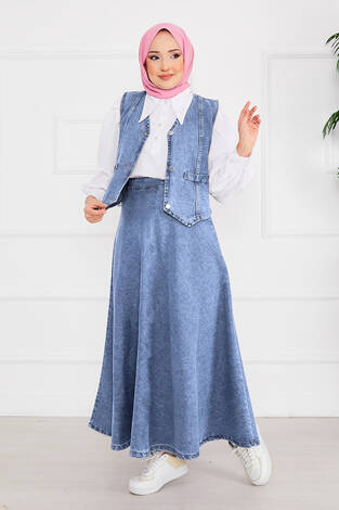 Yelekli Ve Etekli Tesettür Kot Takım Açık Mavi - Thumbnail