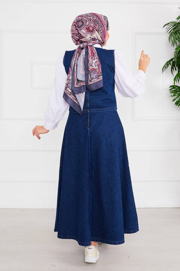 Yelekli ve Etekli Tesettür Kot Takım Lacivert - 5