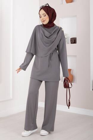 Yıldız Aksesuarlı Drapeli Tesettür İkili Takım Gri - Thumbnail