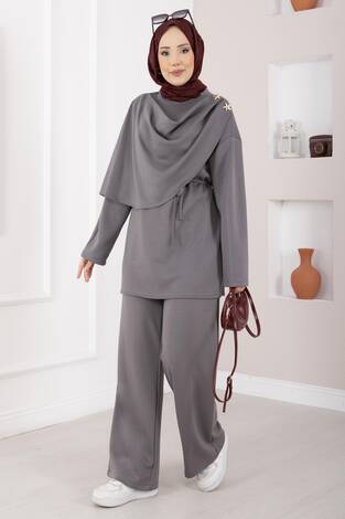 Yıldız Aksesuarlı Drapeli Tesettür İkili Takım Gri - Thumbnail