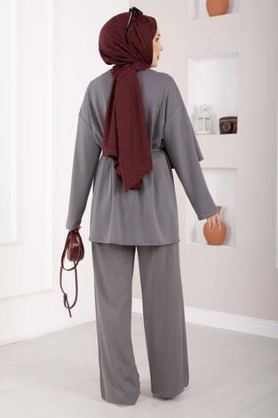 Yıldız Aksesuarlı Drapeli Tesettür İkili Takım Gri - Thumbnail