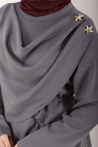 Yıldız Aksesuarlı Drapeli Tesettür İkili Takım Gri - Thumbnail