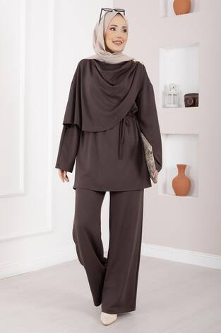 Yıldız Aksesuarlı Drapeli Tesettür İkili Takım Kahve - Thumbnail