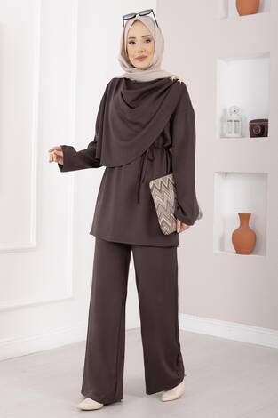Yıldız Aksesuarlı Drapeli Tesettür İkili Takım Kahve - Thumbnail