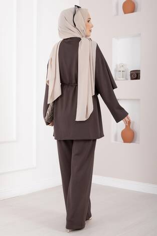 Yıldız Aksesuarlı Drapeli Tesettür İkili Takım Kahve - Thumbnail