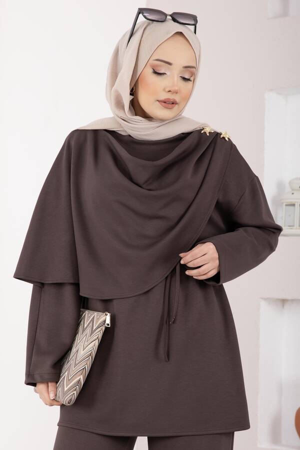 Zmr - Yıldız Aksesuarlı Drapeli Tesettür İkili Takım Kahve (1)
