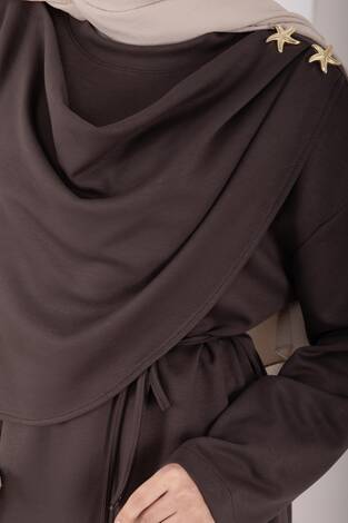 Yıldız Aksesuarlı Drapeli Tesettür İkili Takım Kahve - Thumbnail