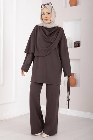Yıldız Aksesuarlı Drapeli Tesettür İkili Takım Kahve - Thumbnail