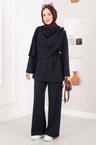 Yıldız Aksesuarlı Drapeli Tesettür İkili Takım Lacivert - Thumbnail