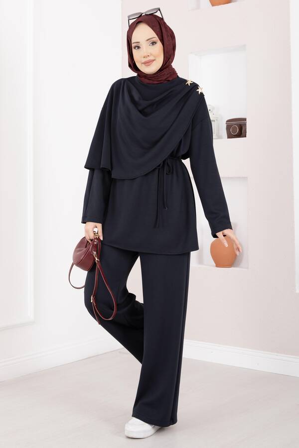 Zmr - Yıldız Aksesuarlı Drapeli Tesettür İkili Takım Lacivert
