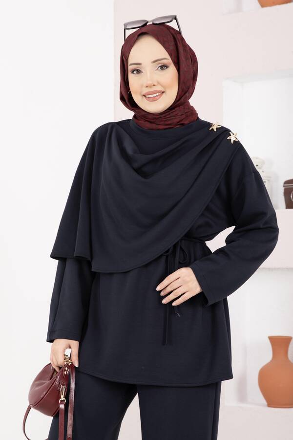 Zmr - Yıldız Aksesuarlı Drapeli Tesettür İkili Takım Lacivert (1)
