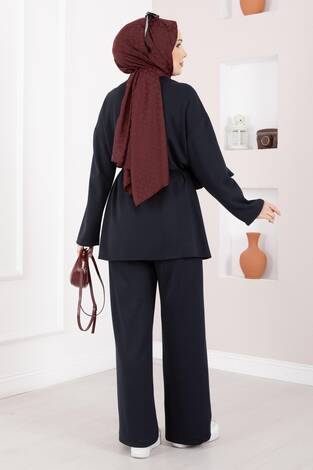 Yıldız Aksesuarlı Drapeli Tesettür İkili Takım Lacivert - Thumbnail