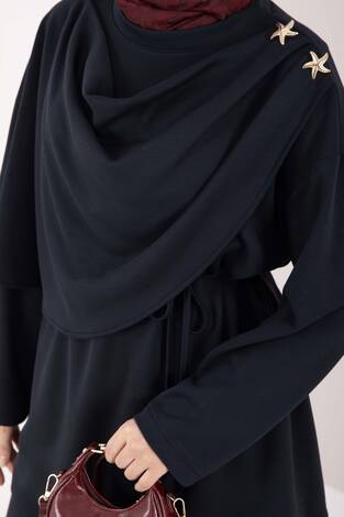 Yıldız Aksesuarlı Drapeli Tesettür İkili Takım Lacivert - Thumbnail