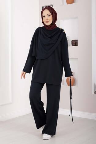 Yıldız Aksesuarlı Drapeli Tesettür İkili Takım Lacivert - Thumbnail