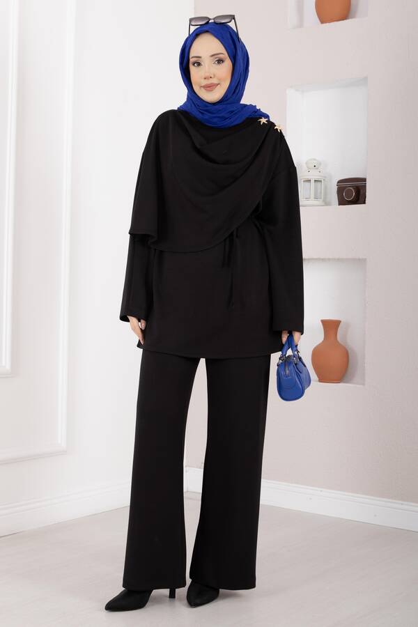 Zmr - Yıldız Aksesuarlı Drapeli Tesettür İkili Takım Siyah