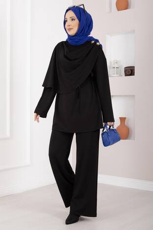 Yıldız Aksesuarlı Drapeli Tesettür İkili Takım Siyah - Thumbnail