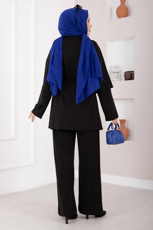 Yıldız Aksesuarlı Drapeli Tesettür İkili Takım Siyah - Thumbnail