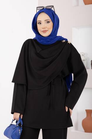 Yıldız Aksesuarlı Drapeli Tesettür İkili Takım Siyah - Thumbnail