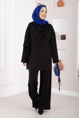 Yıldız Aksesuarlı Drapeli Tesettür İkili Takım Siyah - Thumbnail