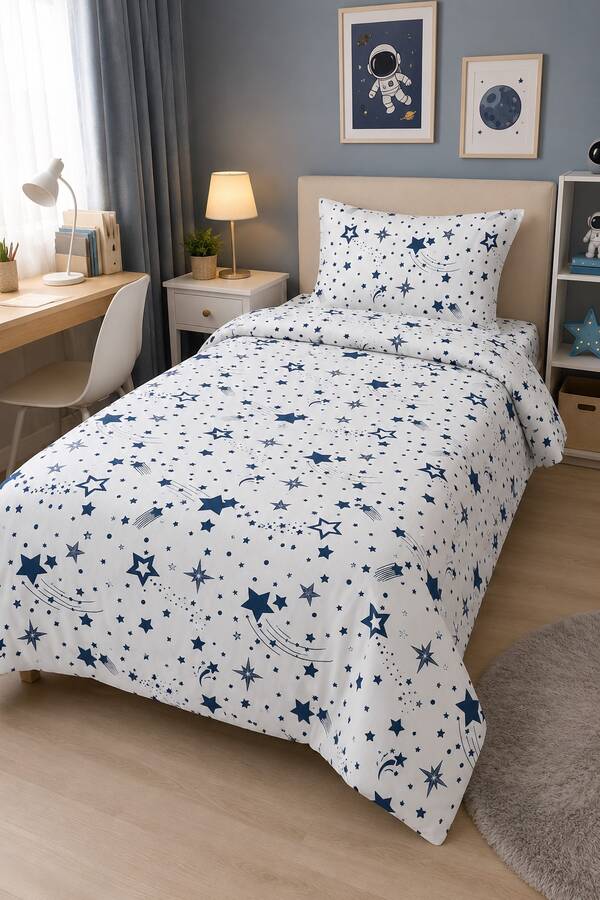 Hby - Yıldız Desen Tek Kişilik Nevresim Takımı Beyaz