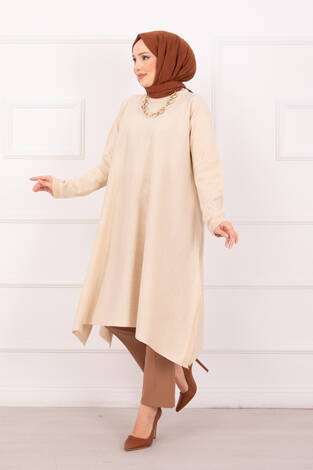 Yırtmaç Detaylı Simli Mevlana Triko Tunik Krem - Thumbnail