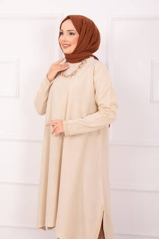 Yırtmaç Detaylı Simli Mevlana Triko Tunik Krem - Thumbnail