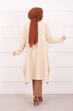 Yırtmaç Detaylı Simli Mevlana Triko Tunik Krem - Thumbnail