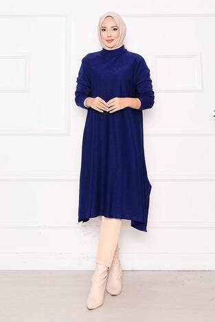 Yırtmaç Detaylı Simli Mevlana Triko Tunik Saks - Thumbnail