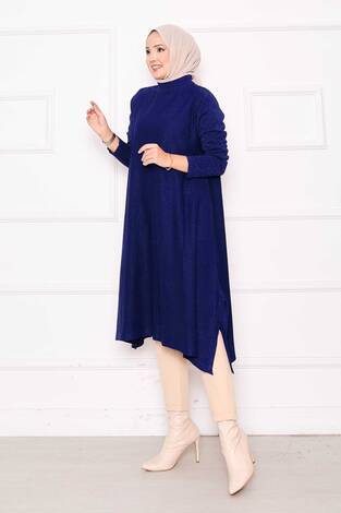 Yırtmaç Detaylı Simli Mevlana Triko Tunik Saks - Thumbnail