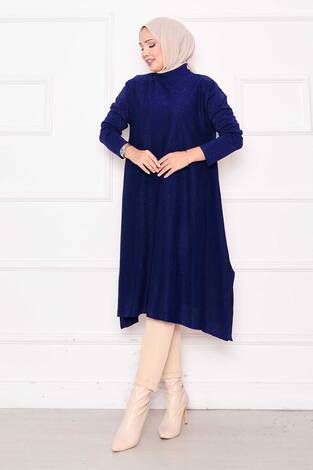 Yırtmaç Detaylı Simli Mevlana Triko Tunik Saks - Thumbnail