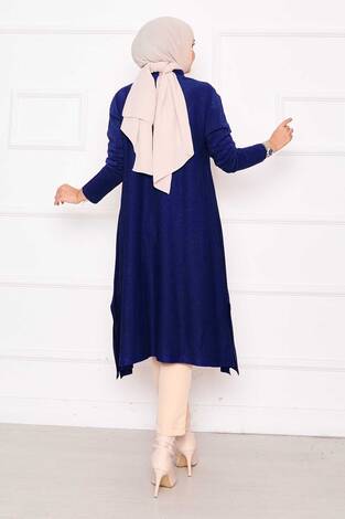 Yırtmaç Detaylı Simli Mevlana Triko Tunik Saks - Thumbnail