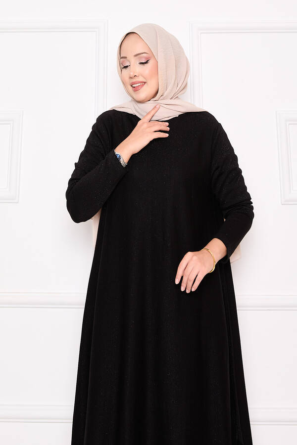 Frx - Yırtmaç Detaylı Simli Mevlana Triko Tunik Siyah (1)