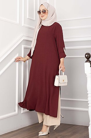 Yırtmaç Detaylı Uzun Tunik Pantolon Takım Bordo - 3