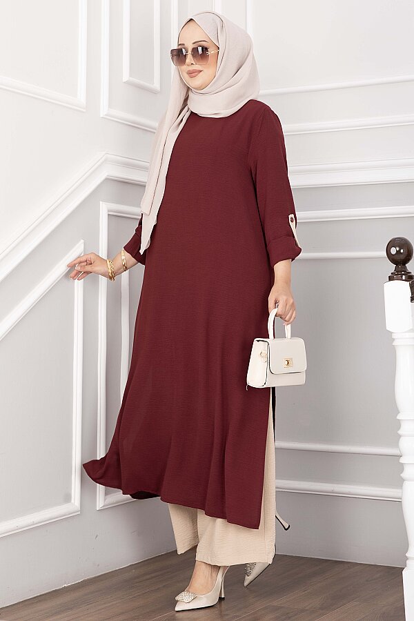Yırtmaç Detaylı Uzun Tunik Pantolon Takım Bordo - 3