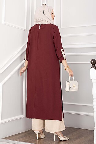 Yırtmaç Detaylı Uzun Tunik Pantolon Takım Bordo - 4