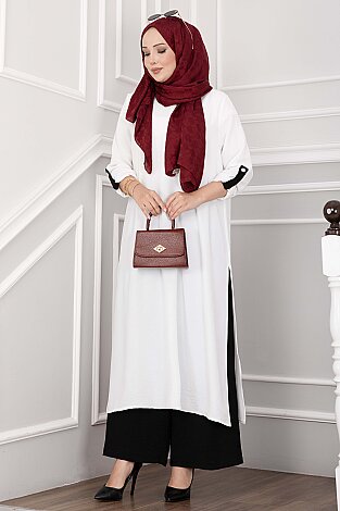 Yırtmaç Detaylı Uzun Tunik Pantolon Takım Ekru - 3