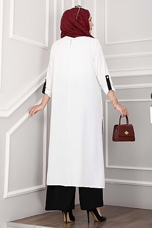 Yırtmaç Detaylı Uzun Tunik Pantolon Takım Ekru - 4