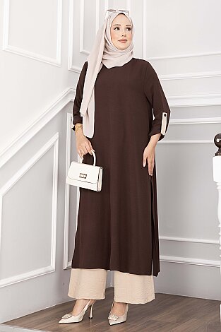 Yırtmaç Detaylı Uzun Tunik Pantolon Takım Kahve - 4