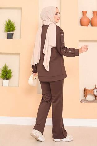 Yırtmaçlı Çıtçıt Detaylı Tesettür İkli Takım Kahve - Thumbnail