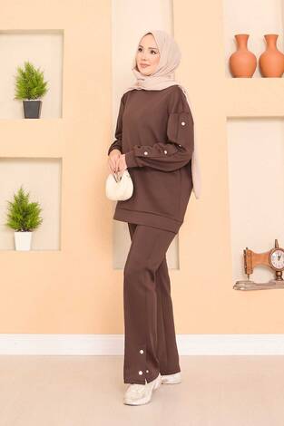 Yırtmaçlı Çıtçıt Detaylı Tesettür İkli Takım Kahve - Thumbnail