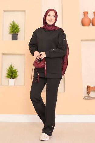 Yırtmaçlı Çıtçıt Detaylı Tesettür İkli Takım Siyah - Thumbnail